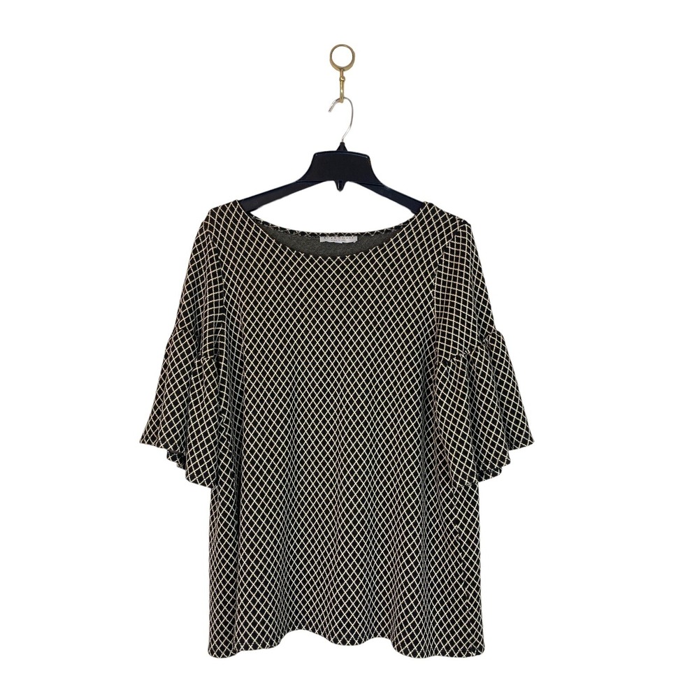 Brynn Walker Diego Knit Top Small Black Ivory Diamond Jacquard Print Bell Sleeve